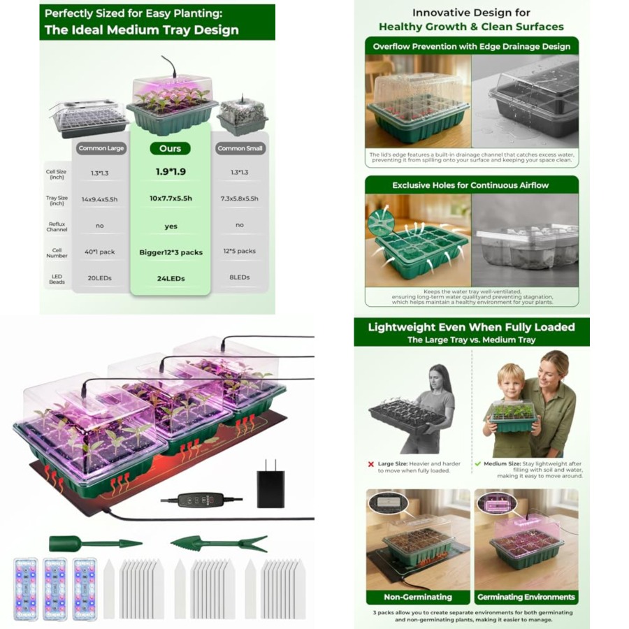 Led Grow Light - Seed Starter Tray 3 Pack with