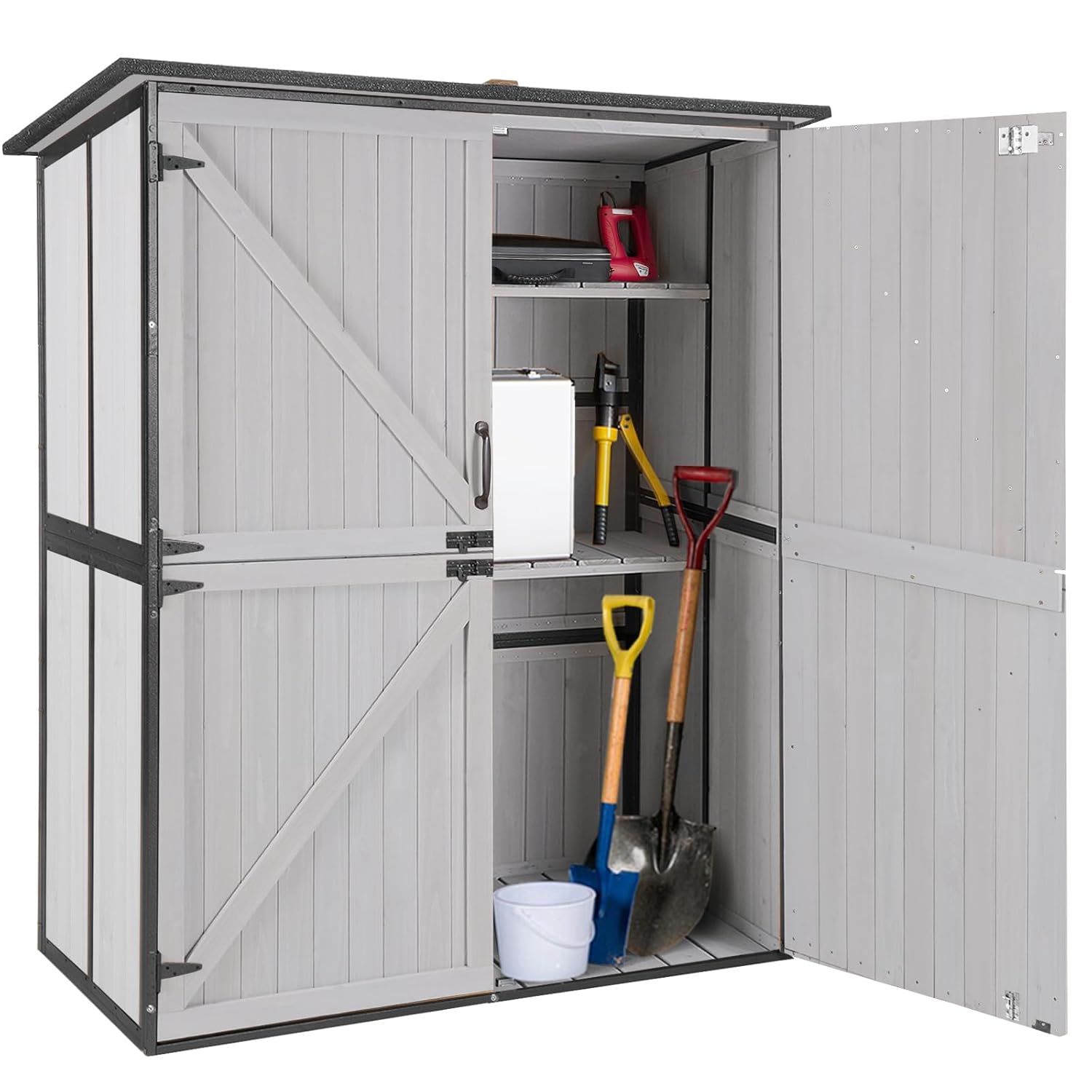 Gardening Tools Wooden - Outdoor Cabinet Storage Shed with Metal